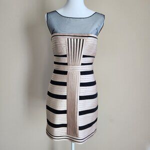 BCBGMaxAzria Brenda Stretch Satin Bandage Bodycon Dress Gold Black Mesh size 10